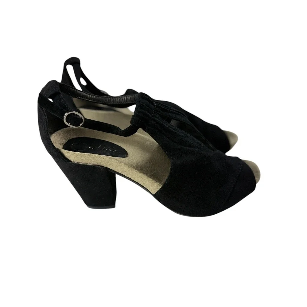Earthies Veria Black Kid Suede Peep Toe Block Heel Sandals Womens 10B 800022WSDE